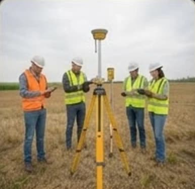 Equipo de topografía midiendo con un receptor GNSS en terreno